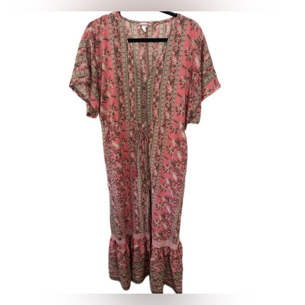 Floral Pink Midi Dress with Drawstring Waist